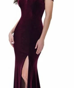 Emprada Perza Burgundy Off Shoulder Velvet Gown Dress