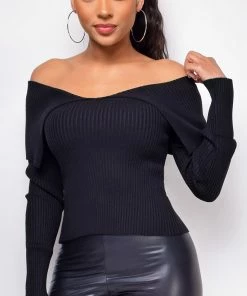 Emprada Remi Black Off Shoulder Knit Sweater Top Tops