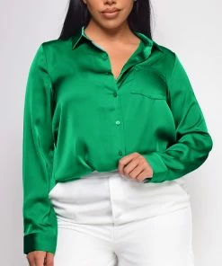 Emprada Tops Braylee Kelly Green Satin Button Down Blouse Top