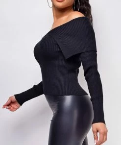 Emprada Remi Black Off Shoulder Knit Sweater Top Tops