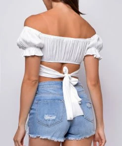 Emprada Tops Isabelle White Satin Off Shoulder Crop Top