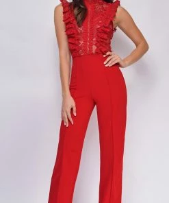 Emprada Vanna Red Crochet Flared Leg Jumpsuit Jumpsuits & Rompers