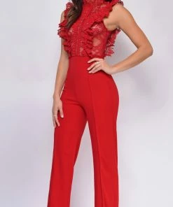 Emprada Vanna Red Crochet Flared Leg Jumpsuit Jumpsuits & Rompers