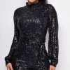 Emprada Jumpsuits & Rompers Leandra Black High Neck Long Sleeve Sequin Romper