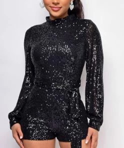 Emprada Jumpsuits & Rompers Leandra Black High Neck Long Sleeve Sequin Romper