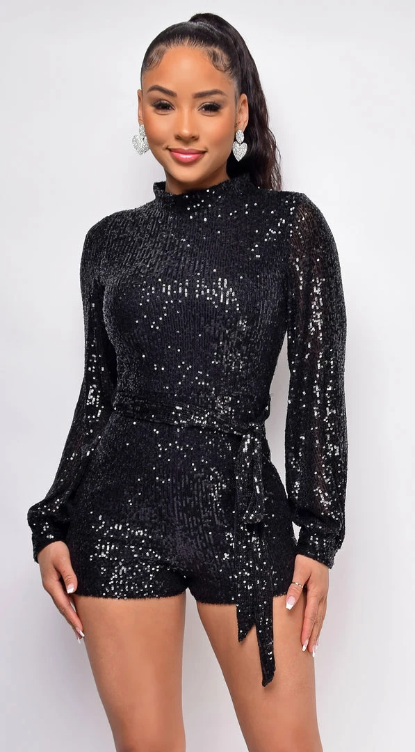 Emprada Jumpsuits & Rompers Leandra Black High Neck Long Sleeve Sequin Romper 1 Emprada Jumpsuits & Rompers Leandra Black High Neck Long Sleeve Sequin Romper