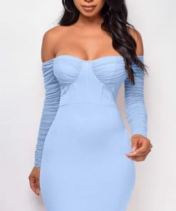 Emprada Dresses Yasna Blue Mesh Ruched Sleeve Dress