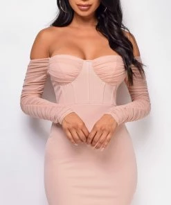 Emprada Dresses Yasna Pink Mesh Ruched Sleeve Dress