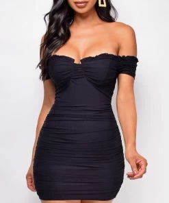 Emprada Penney Black Off Shoulder Ruched Dress Dresses