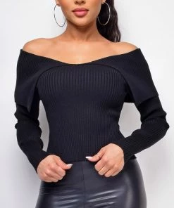 Emprada Remi Black Off Shoulder Knit Sweater Top Tops