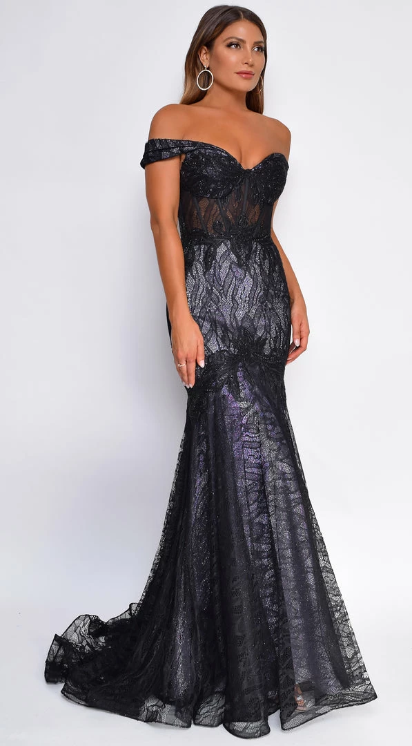 Emprada Dresses Floriana Black Lilac Off Shoulder Mermaid Lace Gown 3 Emprada Dresses Floriana Black Lilac Off Shoulder Mermaid Lace Gown