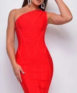 Emprada Jocelyn Red One Shoulder Bandage Dress