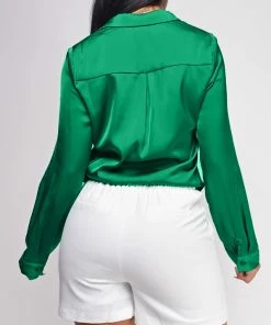 Emprada Tops Braylee Kelly Green Satin Button Down Blouse Top