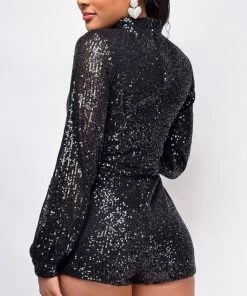 Emprada Jumpsuits & Rompers Leandra Black High Neck Long Sleeve Sequin Romper 6 Emprada Jumpsuits & Rompers Leandra Black High Neck Long Sleeve Sequin Romper