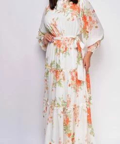 Emprada Valencia White Orange Floral Maxi Dress