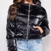 Emprada Outerwear Rai Black PU Leather Crop Puffer Jacket