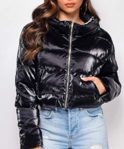 Emprada Outerwear Rai Black PU Leather Crop Puffer Jacket