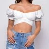 Emprada Tops Isabelle White Satin Off Shoulder Crop Top