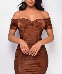 Emprada Dresses Helena Brown Bronze Sparkle Off Shoulder Dress