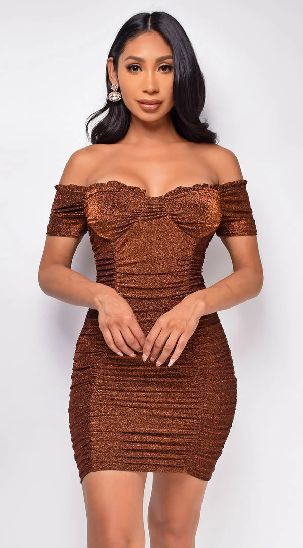 Emprada Dresses Helena Brown Bronze Sparkle Off Shoulder Dress 1 Emprada Dresses Helena Brown Bronze Sparkle Off Shoulder Dress