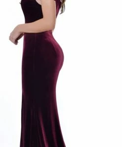 Emprada Perza Burgundy Off Shoulder Velvet Gown Dress