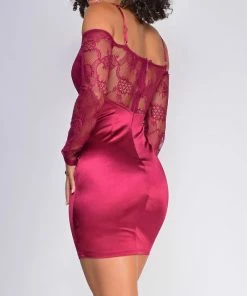 Emprada Thalia Burgundy Red Ruffled Off Shoulder Satin Lace Dress