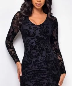 Emprada Dresses Benecia Black Floral Print Velvet Flock Dress