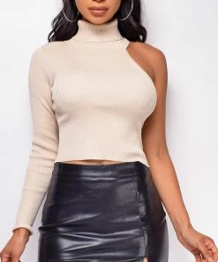 Emprada Laura Beige High Neck One Shoulder Top Tops