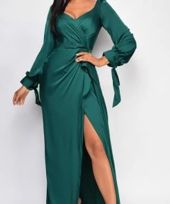 Emprada Dresses Adalina Green Satin Wrap Slit Gown 7 Emprada Dresses Adalina Green Satin Wrap Slit Gown