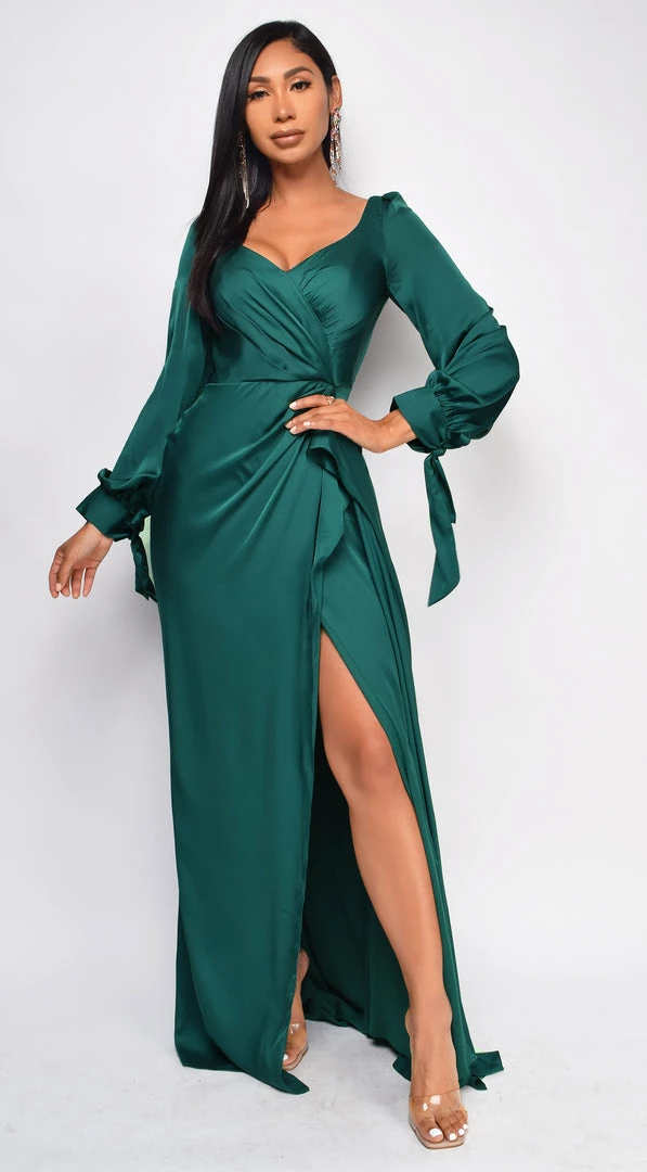 Emprada Dresses Adalina Green Satin Wrap Slit Gown 4 Emprada Dresses Adalina Green Satin Wrap Slit Gown