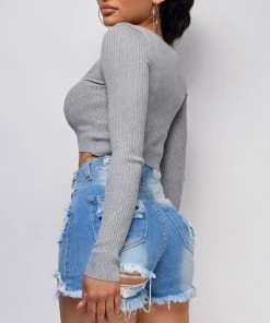 Emprada Tops Asha Grey Square Neck Crop Top