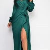 Emprada Dresses Adalina Green Satin Wrap Slit Gown