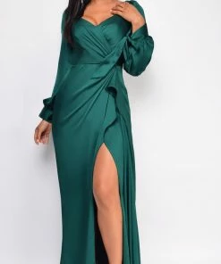 Emprada Dresses Adalina Green Satin Wrap Slit Gown