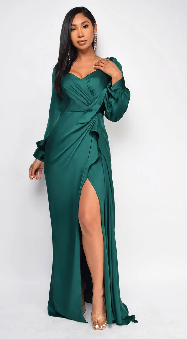 Emprada Dresses Adalina Green Satin Wrap Slit Gown 1 Emprada Dresses Adalina Green Satin Wrap Slit Gown