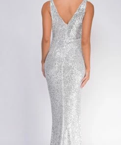 Emprada Cedella Silver V Neck Gown