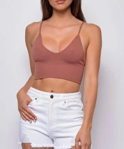 Emprada Luca Cocoa Brown Seamless Ribbed Spaghetti Strap Brami Tops