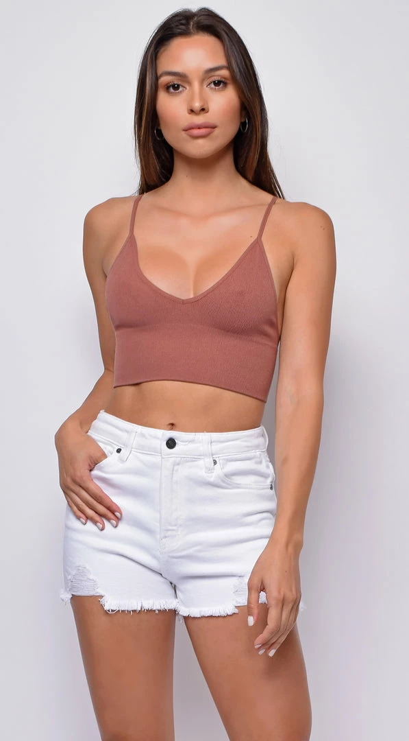 Emprada Luca Cocoa Brown Seamless Ribbed Spaghetti Strap Brami Tops 1 Emprada Luca Cocoa Brown Seamless Ribbed Spaghetti Strap Brami Tops