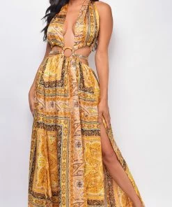 Emprada Metz Yellow Print Double Slit Maxi Dress Dresses 5 Emprada Metz Yellow Print Double Slit Maxi Dress Dresses