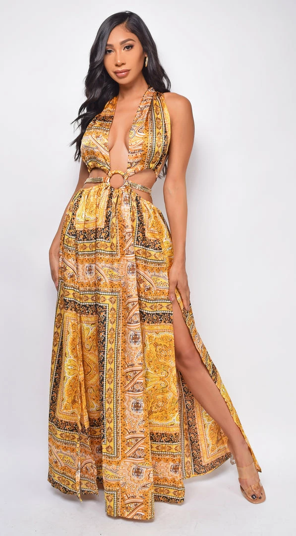 Emprada Metz Yellow Print Double Slit Maxi Dress Dresses 3 Emprada Metz Yellow Print Double Slit Maxi Dress Dresses