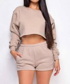 Emprada Cozy Up Beige High Waist Shorts & Crop Sweater Lounge Set