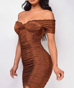 Emprada Dresses Helena Brown Bronze Sparkle Off Shoulder Dress