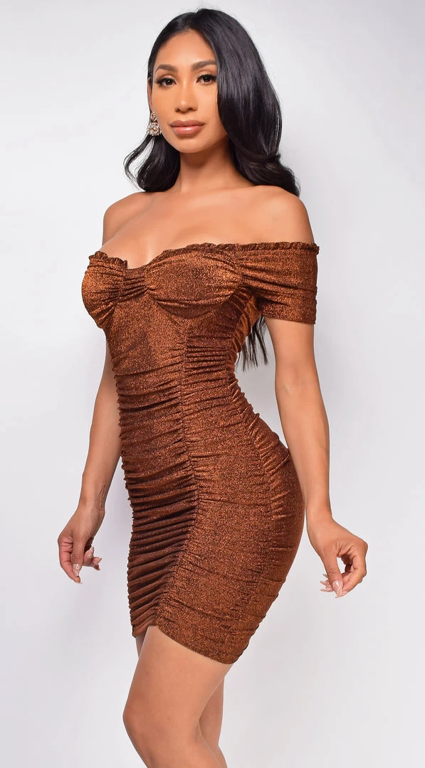 Emprada Dresses Helena Brown Bronze Sparkle Off Shoulder Dress 2 Emprada Dresses Helena Brown Bronze Sparkle Off Shoulder Dress