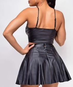 Emprada Bottoms Ruth Black Pleated PU Leather Skirt
