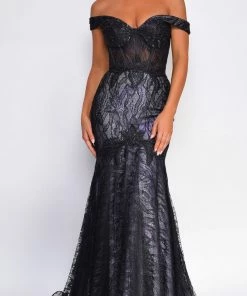 Emprada Dresses Floriana Black Lilac Off Shoulder Mermaid Lace Gown