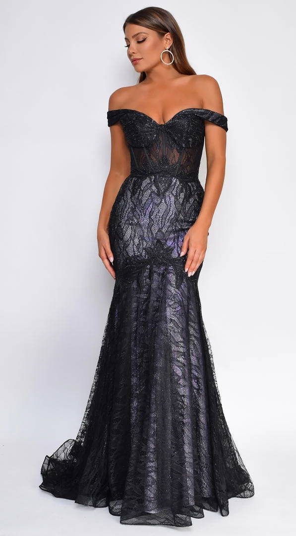 Emprada Dresses Floriana Black Lilac Off Shoulder Mermaid Lace Gown 1 Emprada Dresses Floriana Black Lilac Off Shoulder Mermaid Lace Gown