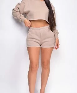 Emprada Cozy Up Beige High Waist Shorts & Crop Sweater Lounge Set
