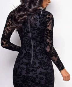 Emprada Dresses Benecia Black Floral Print Velvet Flock Dress