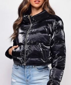 Emprada Outerwear Rai Black PU Leather Crop Puffer Jacket