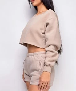 Emprada Cozy Up Beige High Waist Shorts & Crop Sweater Lounge Set 6 Emprada Cozy Up Beige High Waist Shorts & Crop Sweater Lounge Set