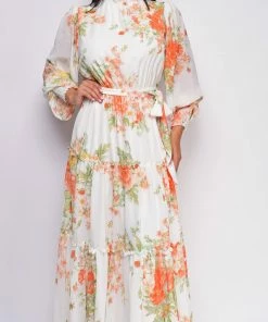 Emprada Valencia White Orange Floral Maxi Dress